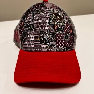 Prana La Viva Trucker hat Red with floral, gray mesh